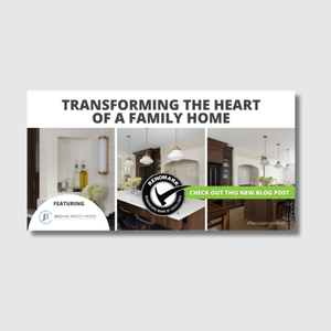 Three images of stylish, modern kitchen interiors with white cabinets and pendant lights. Text reads: Transforming the Heart of a Family Home this October is Renovation Month. A green button says, Check Out This New Blog Post.
