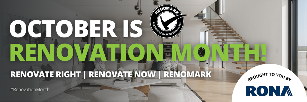Banner for Renovation Month features a modern living room, with bold text stating “October is Renovation Month!” The Renomark logo and the phrase “Brought to you by RONA” appear in a crisp white circle. Hashtags and the tagline encourage homeowners to start renovating with Renomark this October, making it clear: October is Renovation Month!.