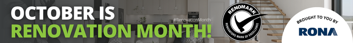 Banner says October is Renovation Month! with logos for Renovation Month and RONA. Background shows a home interior with stairs, kitchen, and living space. Hashtag #RenovationMonth appears over the image.