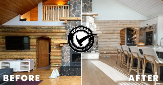🏡✨ Discover "The Log House Reno" by @hometown.homes in Saskatoon, SK! This open-concept marvel combines functionality and style with a fresh color scheme and custom cabinetry. Learn more here: https://renomark.ca/design-inspiration/project/the-log-house-reno/